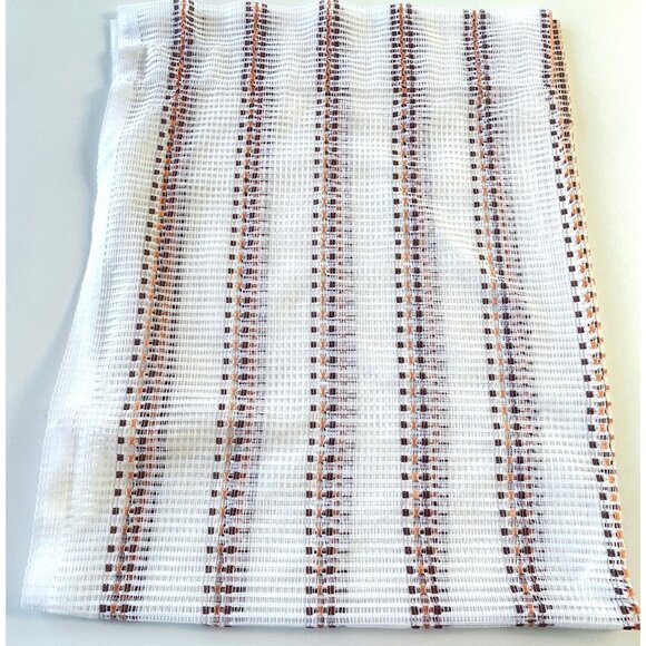 Vintage 70s mesh curtain, white, brown, orange striped net woven, single panel - Picture 9 of 10